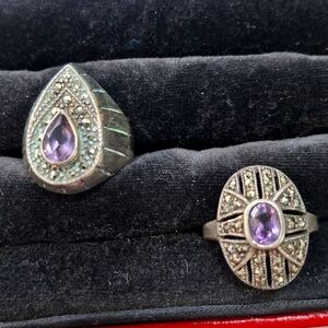 Vintage and unique Amythest And Marcasite Sterling two Rings stamped 925